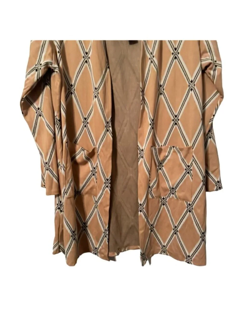 Olivia Blu Womens Long Sleeve Open Front Cardigan With Pockets 1X Beige & Black - Picture 8 of 12